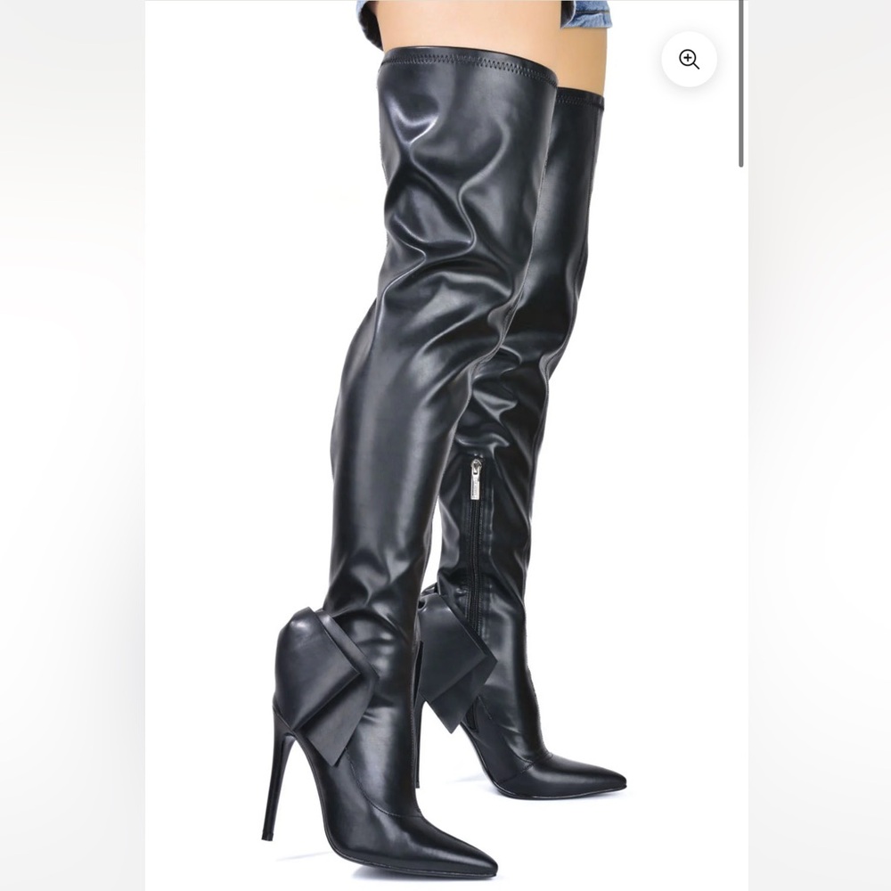 •CAPE ROBBIN• “Bonus” Big Bow Pointy Toe Thigh High Stiletto Boots (BLK) // NIB